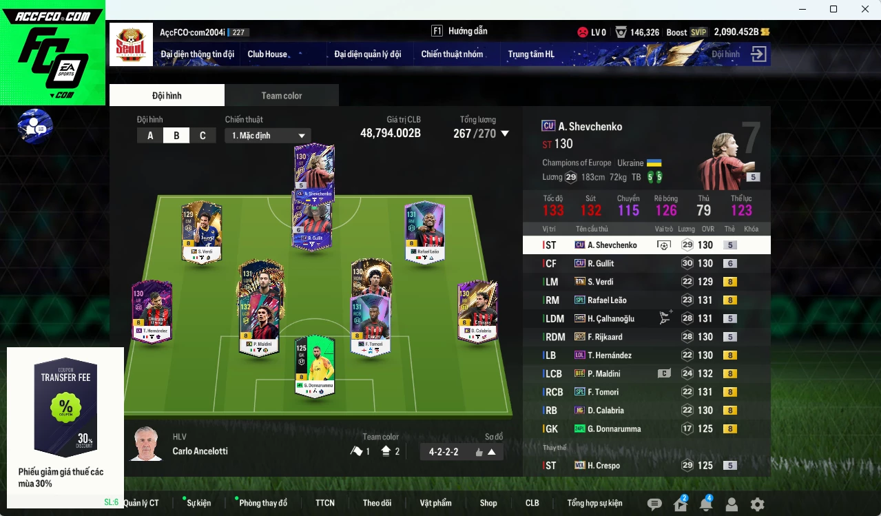AC Milan 48.790b dư 2000b có Gullit CU+6, Calhanoglu TS24, Maldini BTB, Sheva CU, Leão SPL, Tomori SPL, Theo LOL, Crespo MDL, Rijkaard BDO...